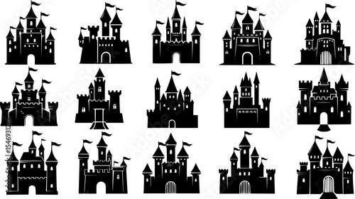 Castle Silhouette Set Black Clipart for Fantasy and Medieval Designs

