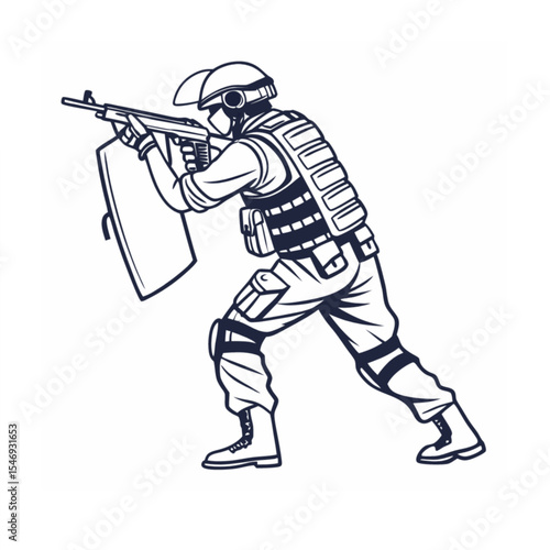 Vector Illustration of Tactical Soldier with Rifle and Shield