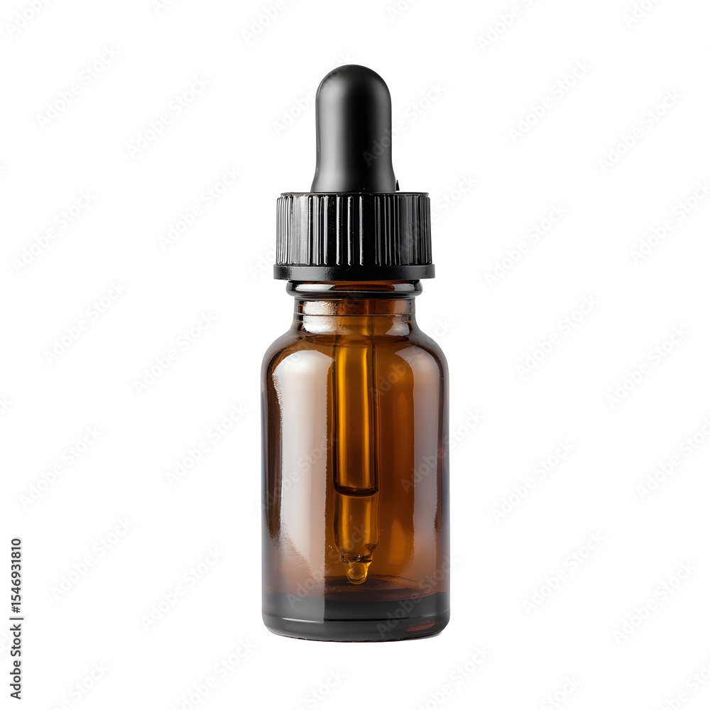 Amber glass bottle with black dropper cap on black background. Cosmetics, medicine, or essential oils. Amber glass bottle with black dropper cap on black background. Cosmetics, medicine, or essential oils.