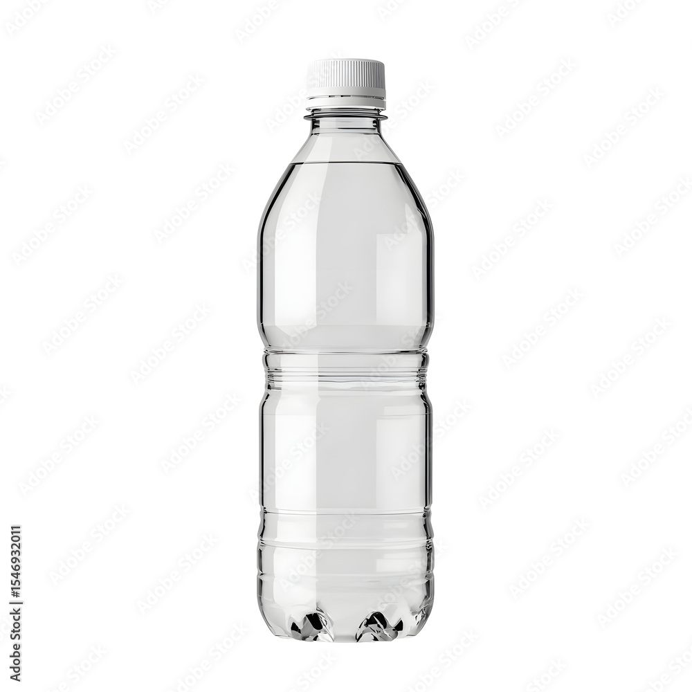 Naklejka premium Clear plastic bottle filled with water on a solid black background in a vertical still studio shot.