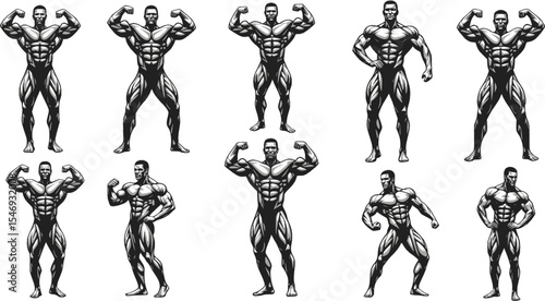 Muscular bodybuilder silhouette vector in illustration set
