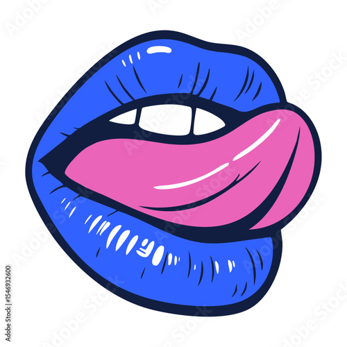 Pop art-style blue lips with a pink tongue and shiny effect, bold and playful design on transparent background.