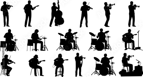 Silhouette illustration of various musicians playing different instruments in a band setting on stage |eps vectors
