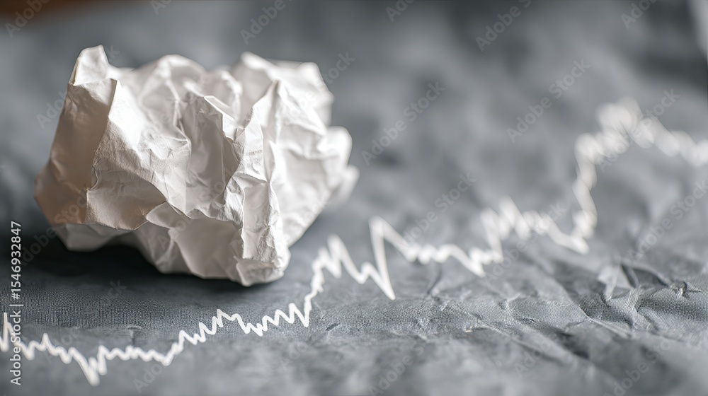 Obraz premium Crumpled Paper Ball on Gray Stock Market Graph Background Business Finance Failure Concept Image High Resolution Detailed Texture White Paper Ball data risk loss debt chart trend 