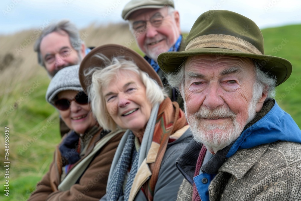 Group of seniors posing for a portrait in a field in the countryside Group of seniors posing for a portrait in a field in the countryside