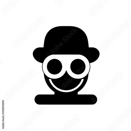 Cartoonish icon of a smiling person with bowler hat and round glasses