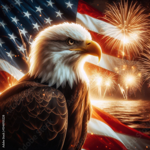 Bald eagle against a backdrop of fireworks and the American flag celebrating Independence Day