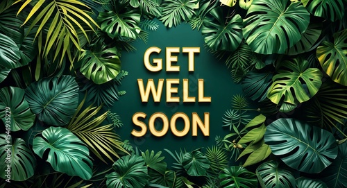 Get well soon lettering on jungle leaves background motivation inspiration quote saying