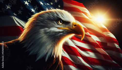 A majestic bald eagle gazes fiercely with determination while set against the waving American flag during a vibrant sunset. This inspiring moment symbolizes national pride and resilience.