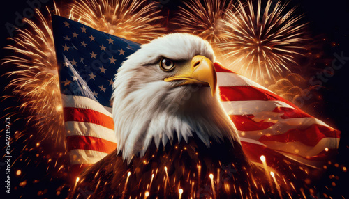 Eagle proudly poses in front of fireworks and American flags during a celebration of national pride and unity