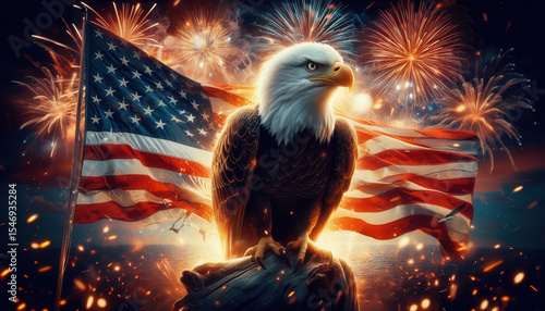 Eagle perched on rock with American flags and fireworks in the background during national celebration night