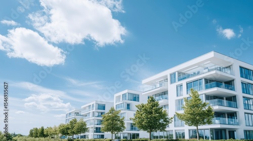 Modern apartment facade with clean lines, bathed in natural light, set in a minimalist urban environment