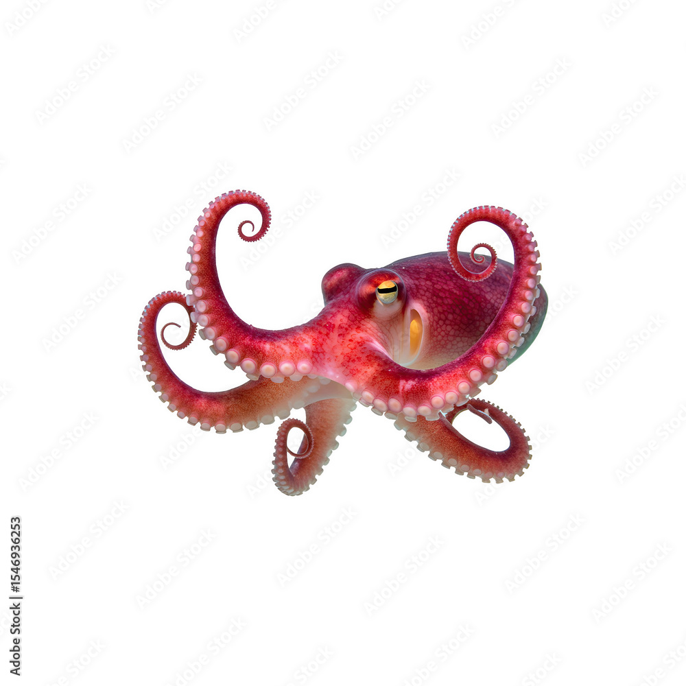 Fototapeta premium Red octopus animal isolated on white background for marine life, underwater, ocean themes or decor