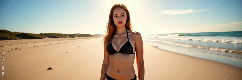 A serene woman with long reddish hair in a black bikini, fair skin, standing on a sunlit beach near the ocean. A serene woman with long reddish hair in a black bikini, fair skin, standing on a sunlit beach near the ocean.