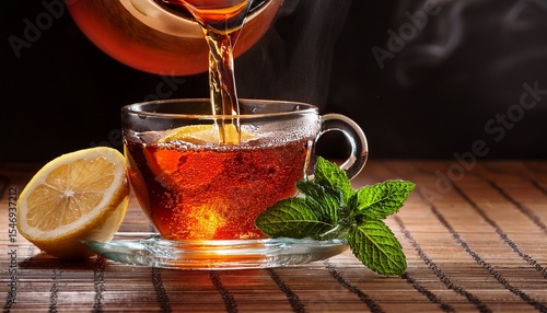 pouring black tea traditional beverage with lemon and mint leaf