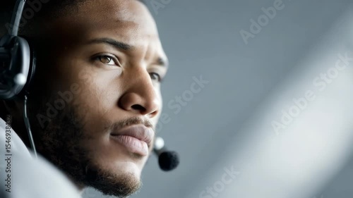 portrait of air traffic controller with headphones positioned on left side of frame