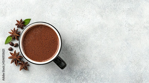 A cup of hot chocolate with star anise and leaves.