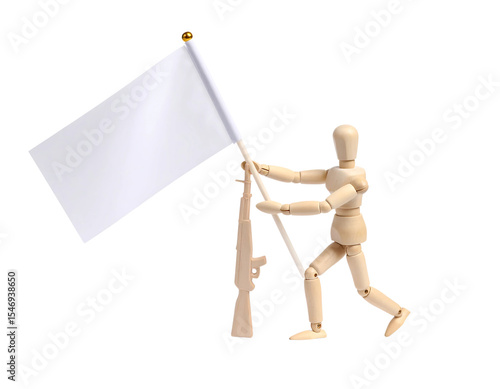 Wooden mannequin holding a white flag and a wooden rifle, symbolizing surrender.