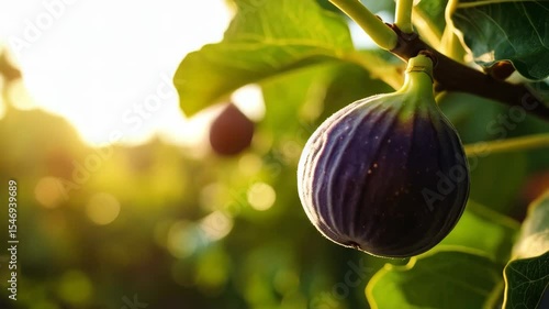 Close-up of ripe figs hanging on a branch with green leaves bathed in warm sunlight in the garden during the day.