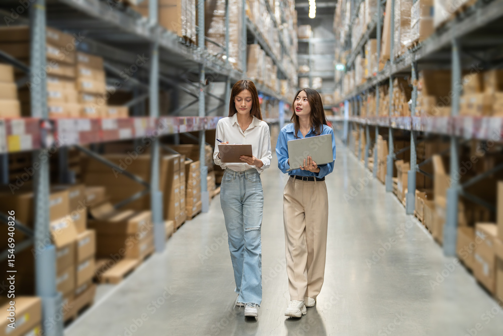Female engineers team discussing inventory in warehouse logistics and supply chain planning, operation management, data analysis, warehouse shipping, inventory tracking, optimization and technology Female engineers team discussing inventory in warehouse logistics and supply chain planning, operation management, data analysis, warehouse shipping, inventory tracking, optimization and technology