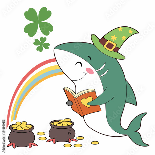 Charming SVG of a Bashful Shark featuring reading a book, styled in a St. Patrick's Day theme with Clover Cheer hues