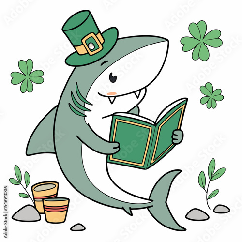 Charming SVG of a Bashful Shark featuring reading a book, styled in a St. Patrick's Day theme with Clover Cheer hues