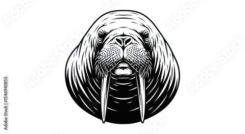 Detailed Black and White Illustration of a Walrus Head with Prominent Tusks on a Clean White Backdrop in a Classic Graphic Style