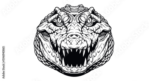 Overhead Black And White Illustration of a Dinosaur Head with Jagged Teeth and Textured Skin