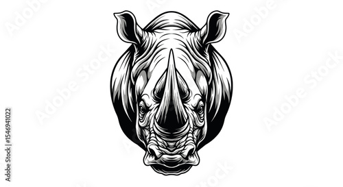 Detailed Pixelated Vector Image of a Front Facing Black and White Rhinoceros Head Against a White Background