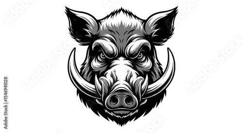 Monochrome Boar Head Graphic with Intense Expression and Bold Tusks Isolated on White Background