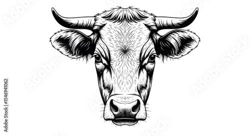Detailed Monochrome Stipple Illustration of a Cow Head with Visible Facial Features and Horns on White Background