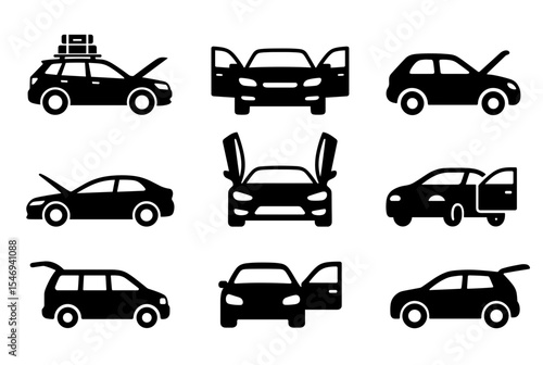Car with open doors Silhouette Editable Icons set. Vector for web and app. Vehicle icons: sedan, SUV, hatchback, sports car, hood, trunk, roof rack, transport elements and more