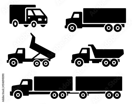 Trucks and Heavy Vehicles Side View Silhouette Editable Icons set. Vector for web and app. Vehicles: cargo truck, dump truck, delivery van, trailer truck, transport elements and more