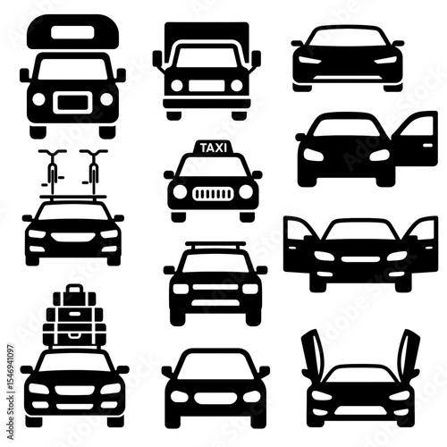  Cars Front View Silhouette Editable Icons set. Vector for web and app. Vehicles: camper, taxi, SUV, sports car, car with luggage, bicycle rack, transport elements and more