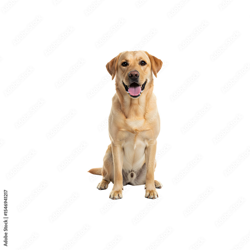 Golden retriever sitting obediently, symbolizing loyalty and pets, centered on white background Golden retriever sitting obediently, symbolizing loyalty and pets, centered on white background