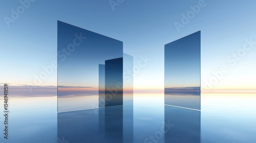 Minimalist glass structures reflecting the tranquil sunset sky and calm water surface creating a serene symmetrical composition