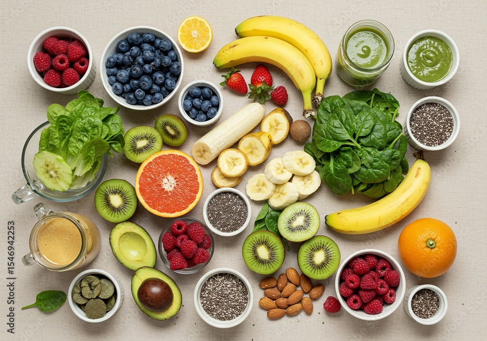 Overhead View of Fresh Fruits and Vegetables Arranged for Healthy Eating Overhead View of Fresh Fruits and Vegetables Arranged for Healthy Eating