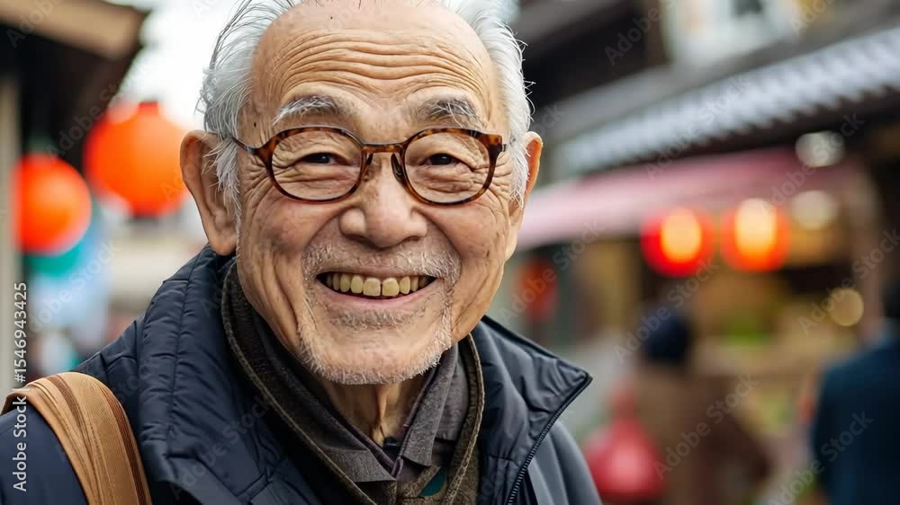 Generative 4k video. Smiling elderly man with glasses stands in a lively market street, surrounded by vibrant lanterns and people, embodying warmth and community spirit Generative 4k video. Smiling elderly man with glasses stands in a lively market street, surrounded by vibrant lanterns and people, embodying warmth and community spirit