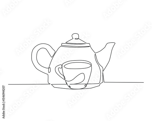 Teapot with a cup outline drawing illustration. one continuous line drawing of a cup of coffee with pot.