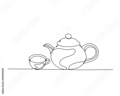 Teapot with a cup outline drawing illustration. one continuous line drawing of a cup of coffee with pot.