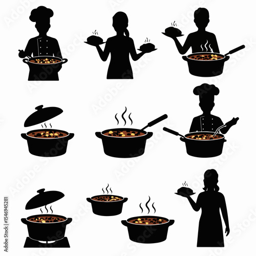 Food preparation silhouettes with steaming pot elements