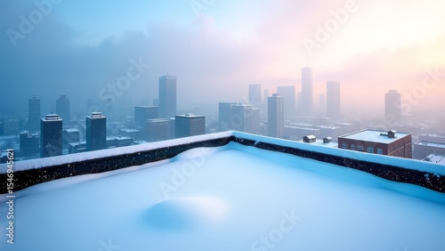 Snowy rooftop cityscape at winter dawn
