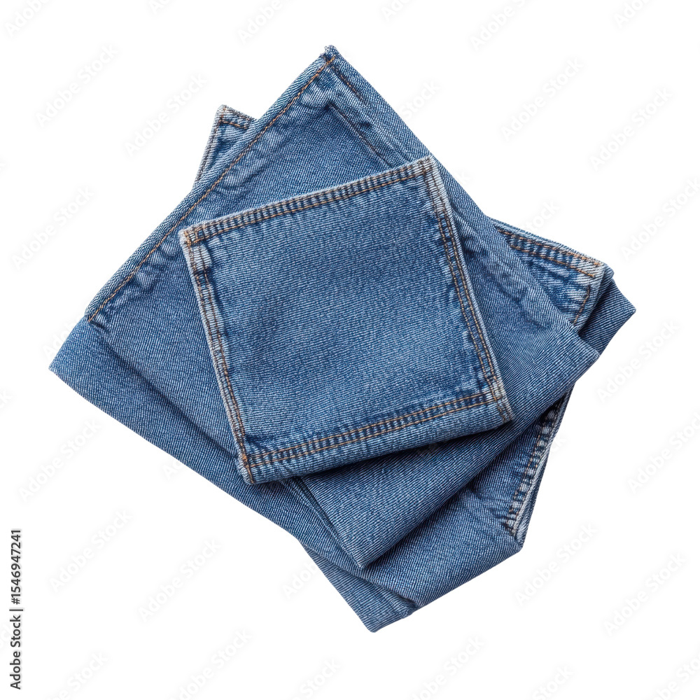 Folded Blue Jeans on White Background with Visible Stitching Details Folded Blue Jeans on White Background with Visible Stitching Details