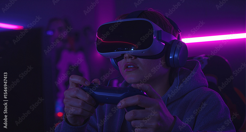 Young Person Playing Immersive Virtual Reality Video Game with Controller and VR Headset. Young Person Playing Immersive Virtual Reality Video Game with Controller and VR Headset.