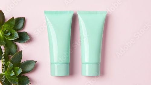 Wallpaper Mural Two pastel green and mint colored moisturizer or skincare tubes displayed on a soft pastel colored background  Minimalist clean and simple arrangement showcasing the cosmetic or beauty products Torontodigital.ca
