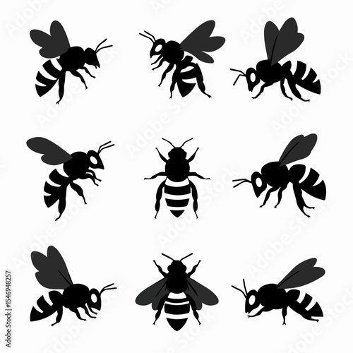 Bee silhouettes, insect collection, flying wasp images