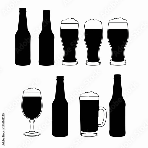 Beer bottles and glasses beverage silhouettes