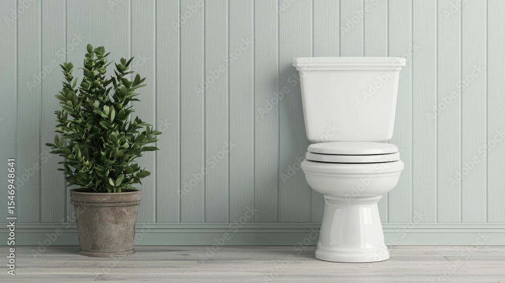 Fototapeta premium Iconic classic ceramic toilet design displayed in a nostalgic retro themed bathroom setting complemented by natural elements like potted plants for a cozy elegant ambiance