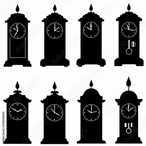 Antique clock silhouettes, retro timepieces collection