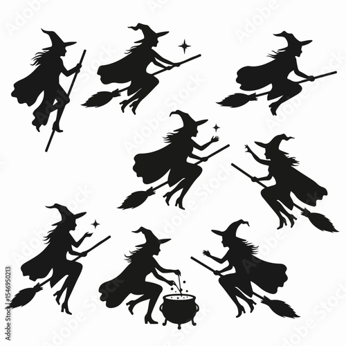Witch silhouette Halloween magic broom cauldron night